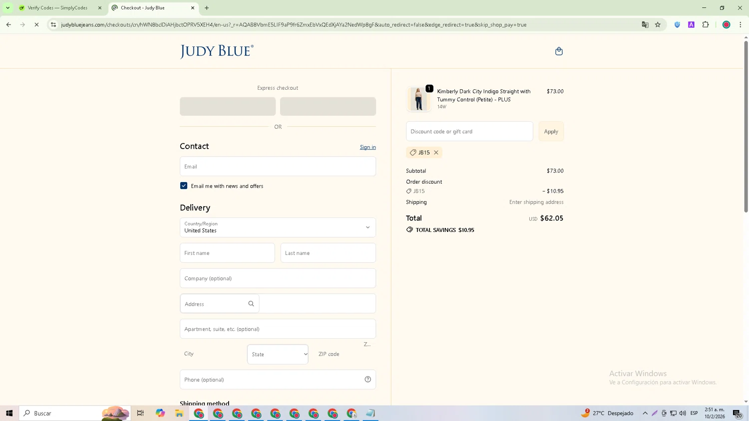 Judy Blue discount code screenshot showing code JB15 applied at Judy Blue checkout page. Uploaded by SimplyCodes community member GoldRanger7074 on Feb 10, 2026