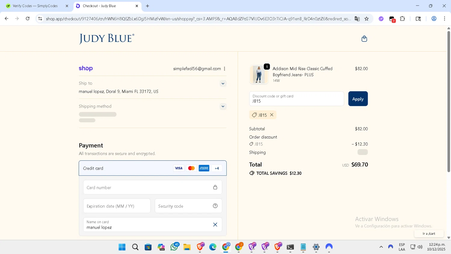 Judy Blue discount code screenshot showing code JB15 applied at Judy Blue checkout page. Uploaded by SimplyCodes community member NobleLegend6162 on Dec 10, 2025