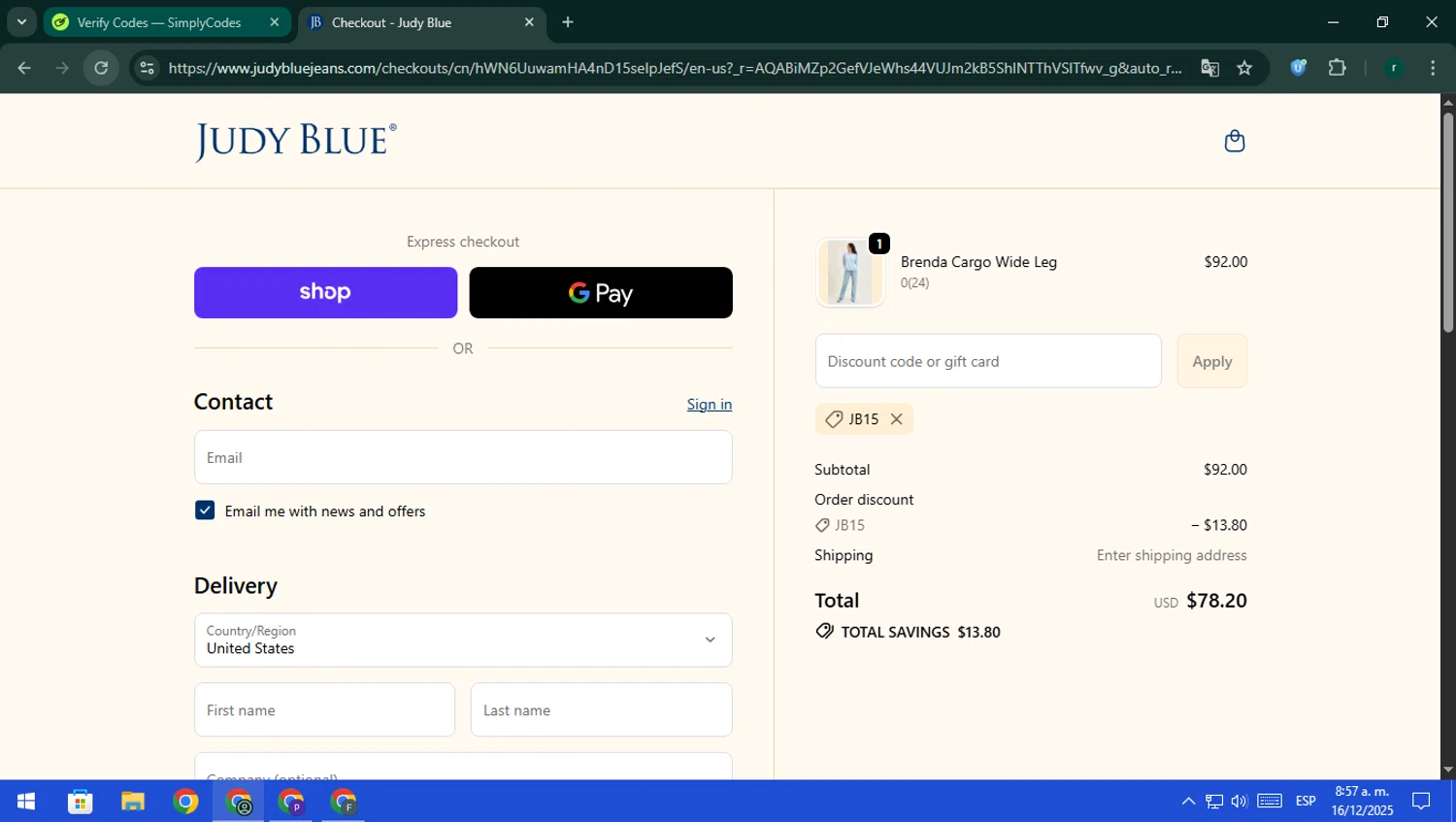 Judy Blue discount code screenshot showing code JB15 applied at Judy Blue checkout page. Uploaded by SimplyCodes community member rodri1 on Dec 16, 2025