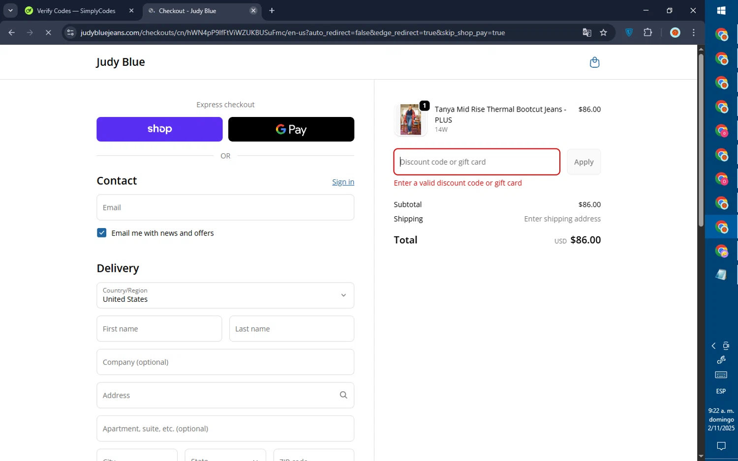 Judy Blue discount code screenshot showing code halloween20 applied at Judy Blue checkout page. Uploaded by SimplyCodes community member GoldPilot5958 on Nov 2, 2025