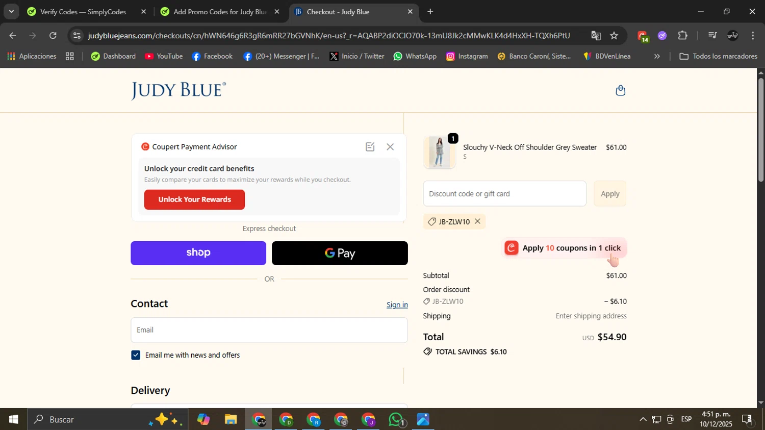 Judy Blue discount code screenshot showing code JB-ZLW10 applied at Judy Blue checkout page. Uploaded by SimplyCodes community member Ricardobr06 on Dec 10, 2025