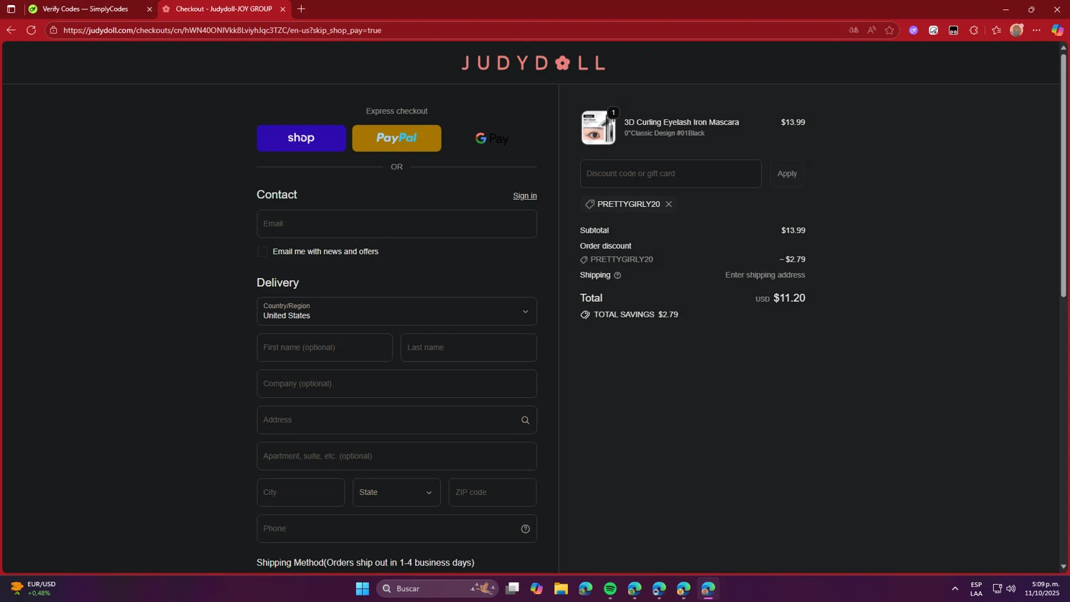 Judydoll discount code screenshot showing code PRETTYGIRLY20 applied at Judydoll checkout page. Uploaded by SimplyCodes community member TheRodan on Oct 11, 2025