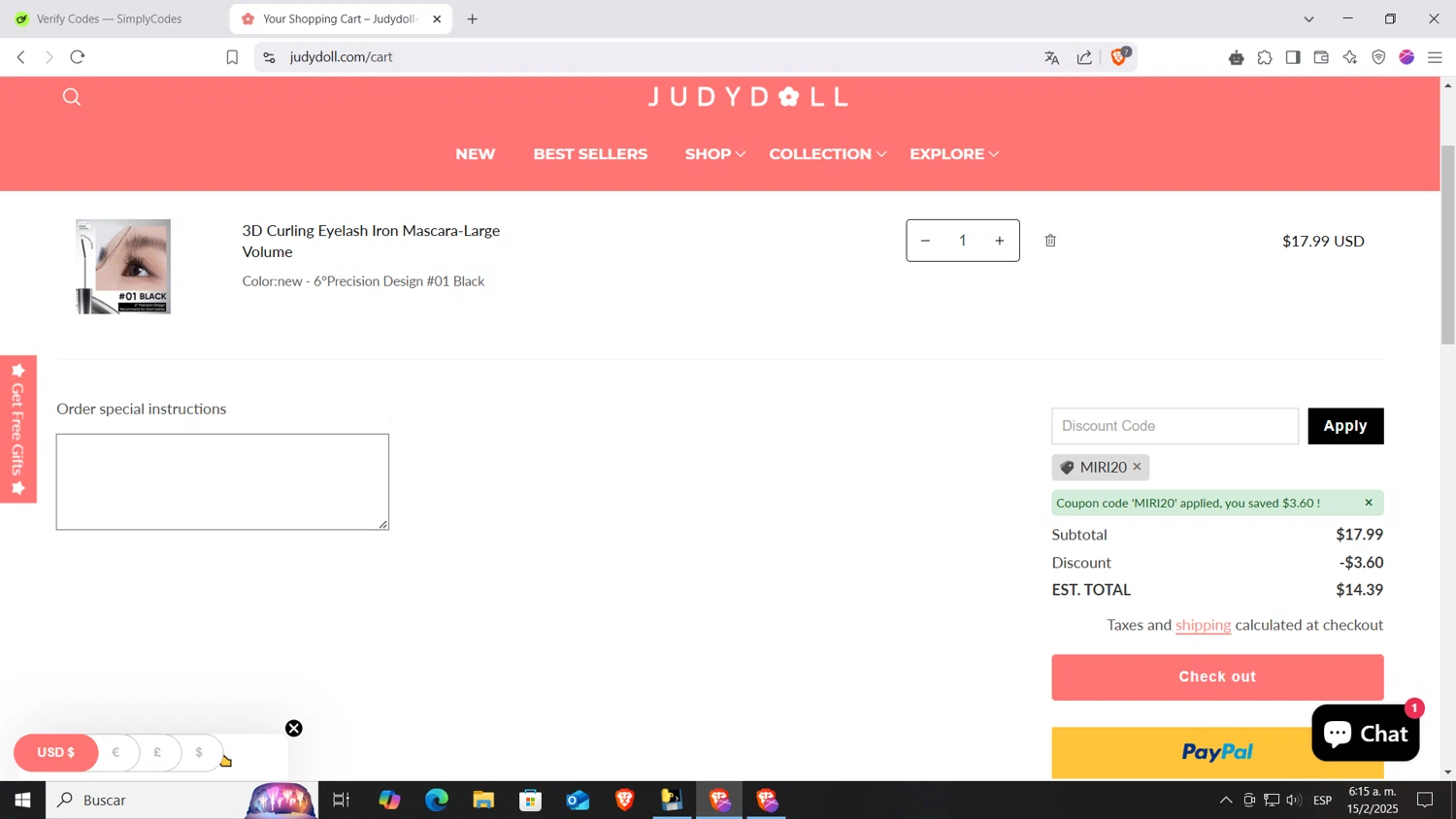 Judydoll discount code screenshot showing code MIRI20 applied at Judydoll checkout page. Uploaded by SimplyCodes community member AnthonyGTX on Feb 15, 2025