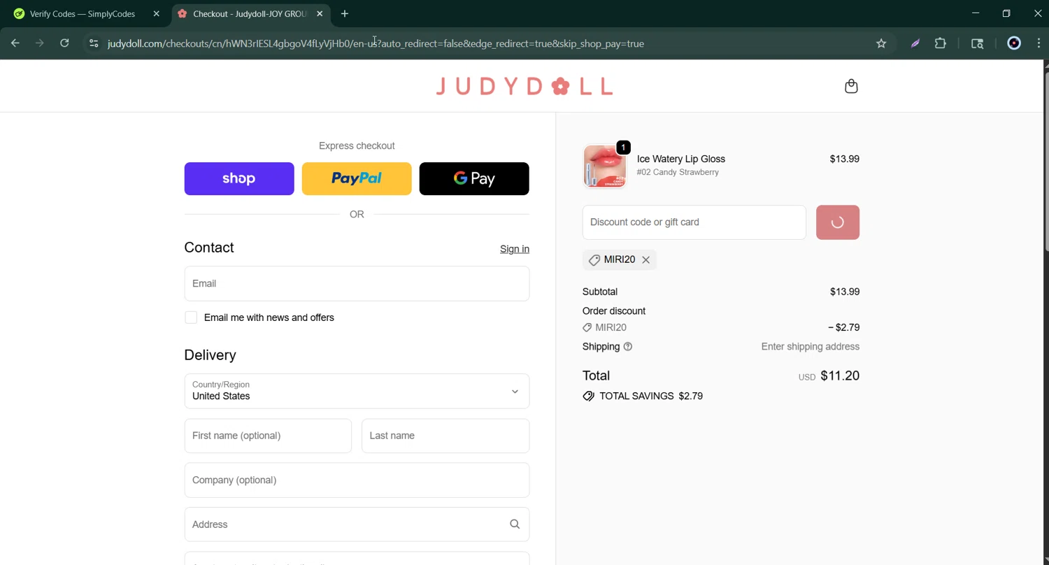 Judydoll discount code screenshot showing code MIRI20 applied at Judydoll checkout page. Uploaded by SimplyCodes community member Bernard_Lowe on Oct 8, 2025