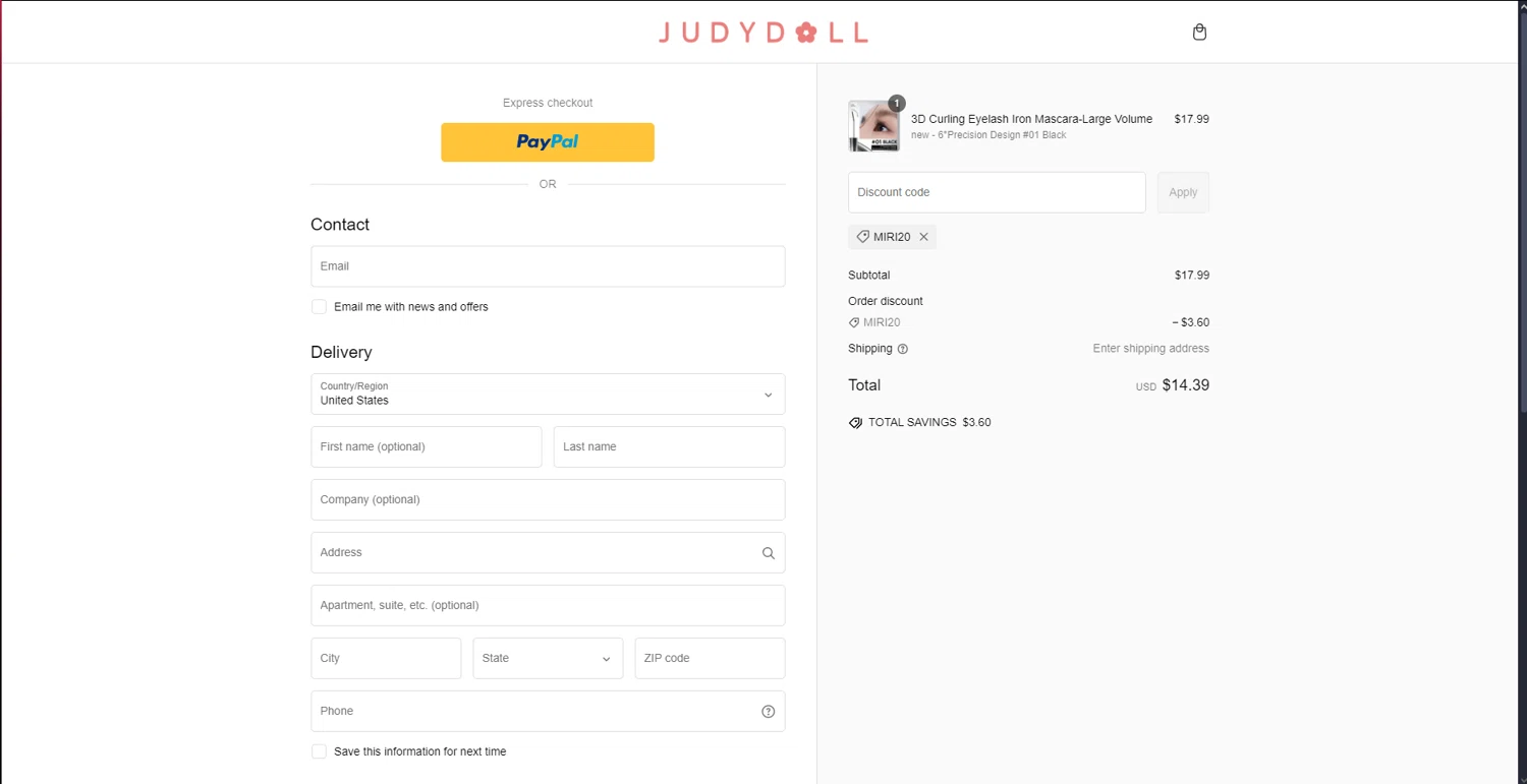 Judydoll discount code screenshot showing code MIRI20 applied at Judydoll checkout page. Uploaded by SimplyCodes community member CashOwl3827 on Feb 15, 2025
