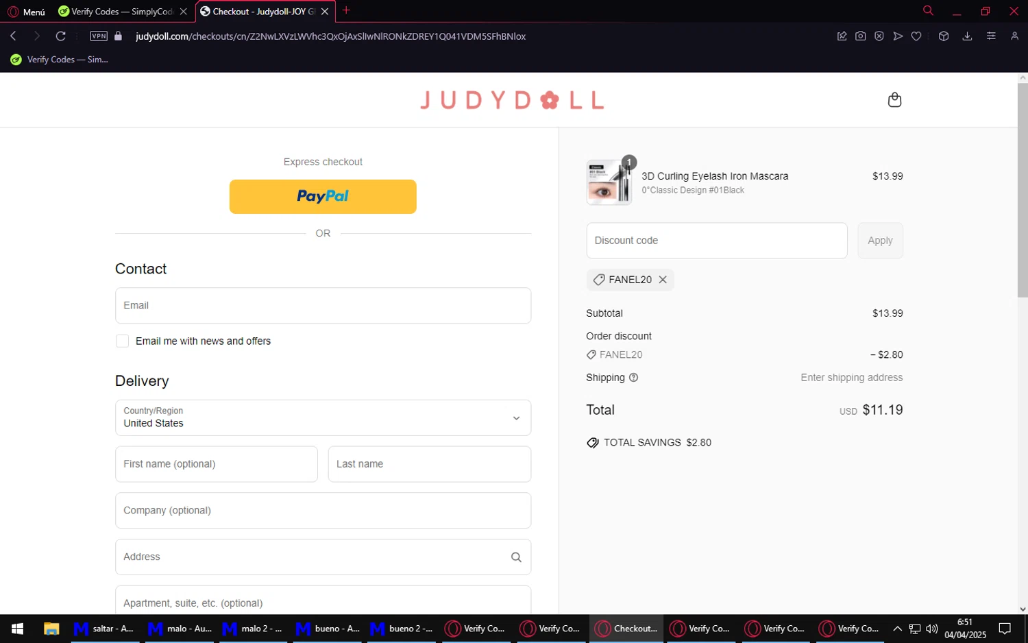 Judydoll discount code screenshot showing code FANEL20 applied at Judydoll checkout page. Uploaded by SimplyCodes community member CoinGuardian1127 on Apr 4, 2025