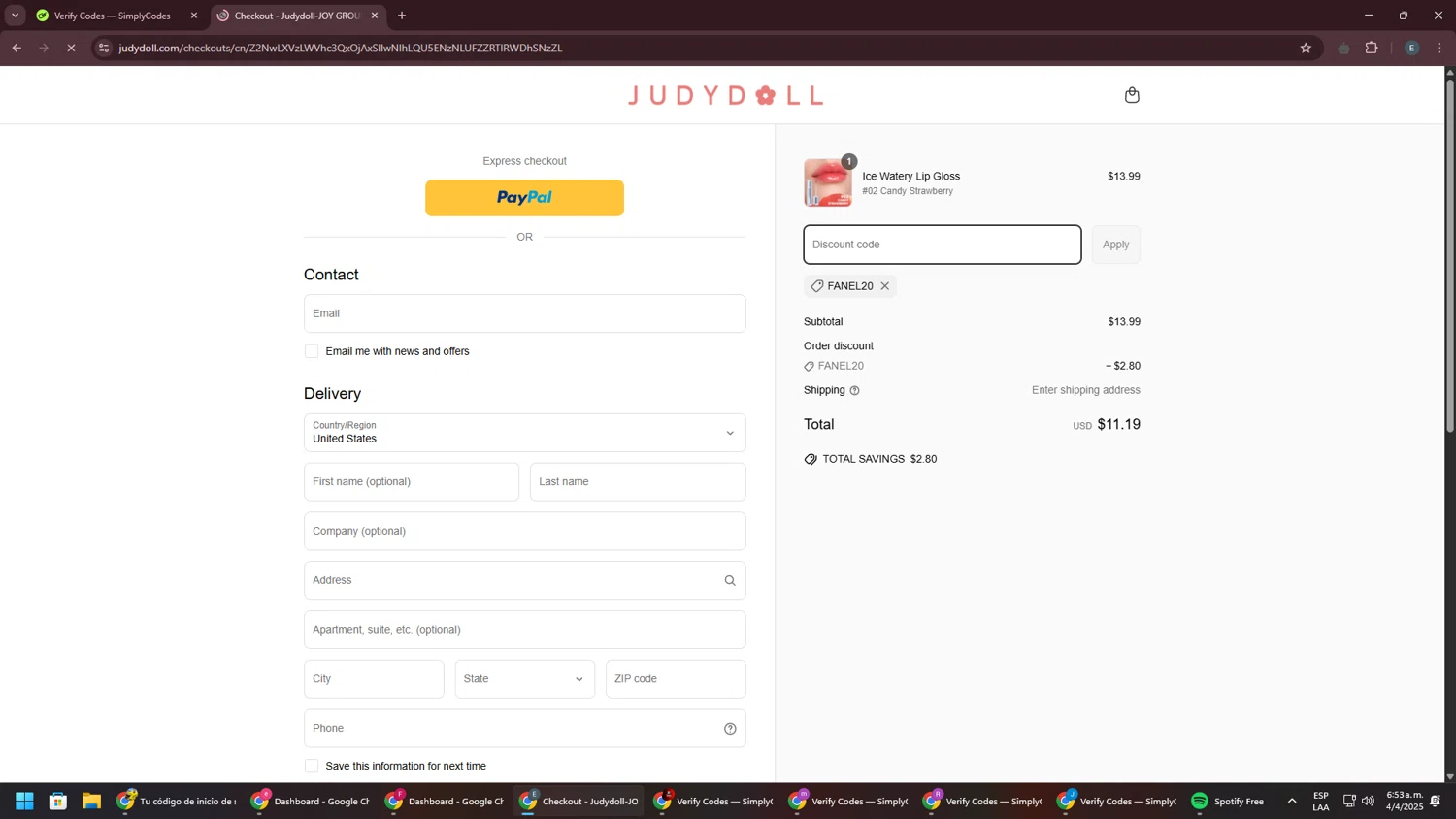 Judydoll discount code screenshot showing code FANEL20 applied at Judydoll checkout page. Uploaded by SimplyCodes community member GloriousPioneer2942 on Apr 4, 2025