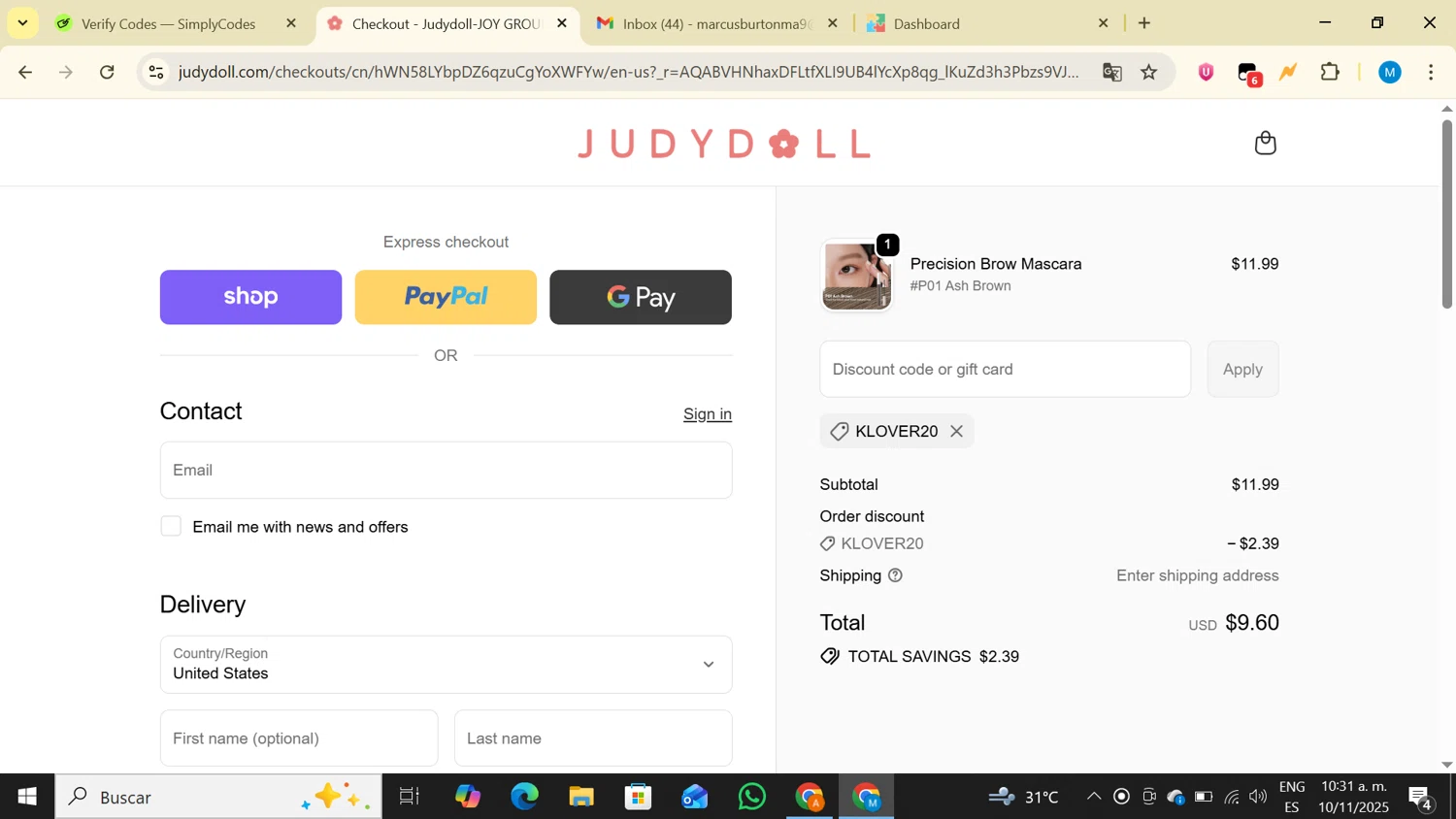 Judydoll discount code screenshot showing code KLOVER20 applied at Judydoll checkout page. Uploaded by SimplyCodes community member LegendaryAce4371 on Nov 10, 2025