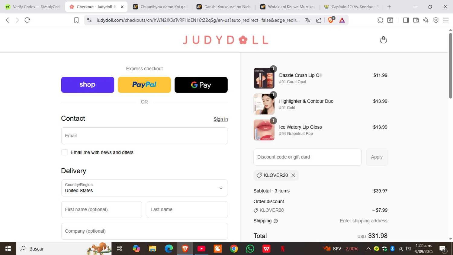 Judydoll discount code screenshot showing code KLOVER20 applied at Judydoll checkout page. Uploaded by SimplyCodes community member TreasureTracker9969 on Sep 9, 2025