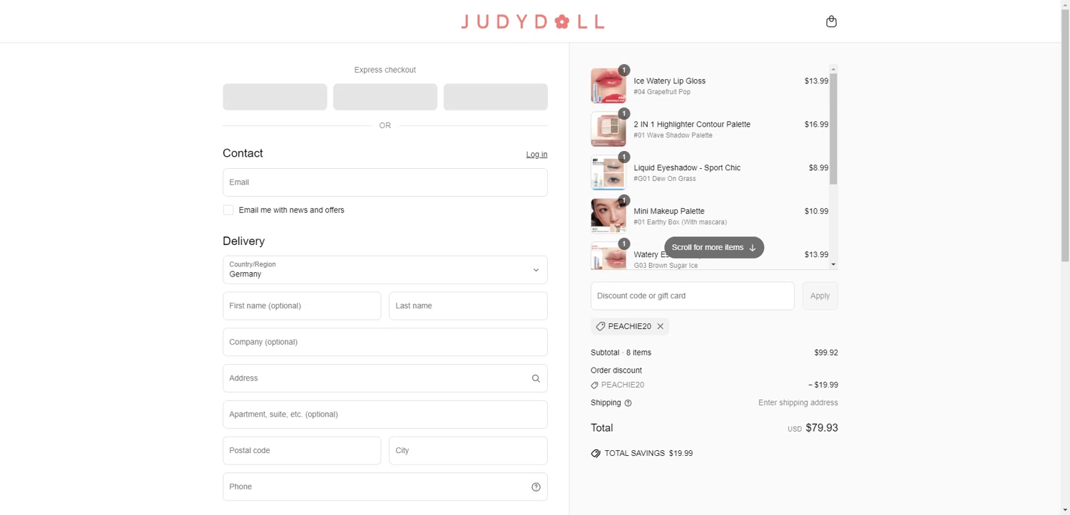 Judydoll discount code screenshot showing code PEACHIE20 applied at Judydoll checkout page. Uploaded by SimplyCodes community member SilverChaser3269 on Jun 14, 2025