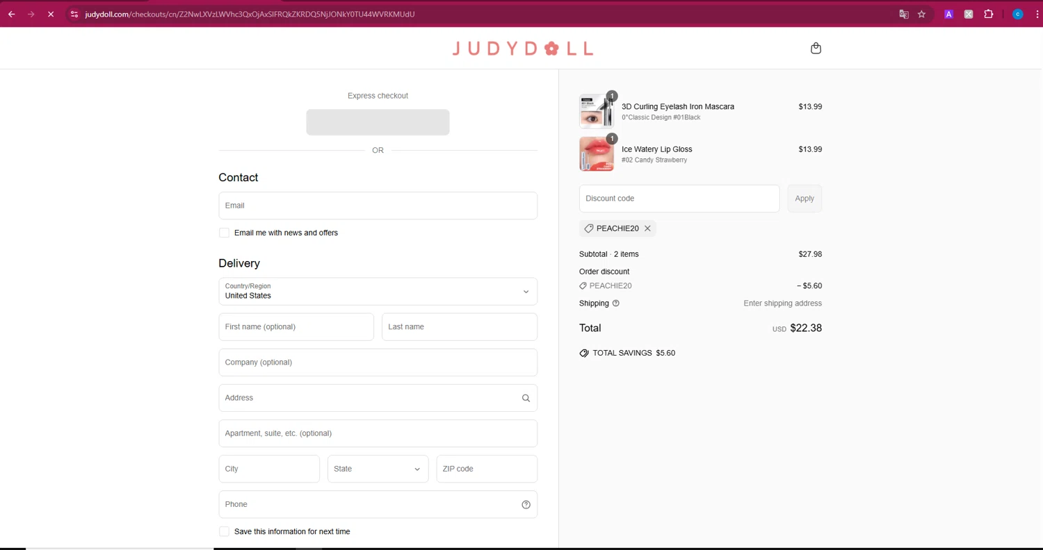 Judydoll discount code screenshot showing code PEACHIE20 applied at Judydoll checkout page. Uploaded by SimplyCodes community member Turiderss on Apr 1, 2025