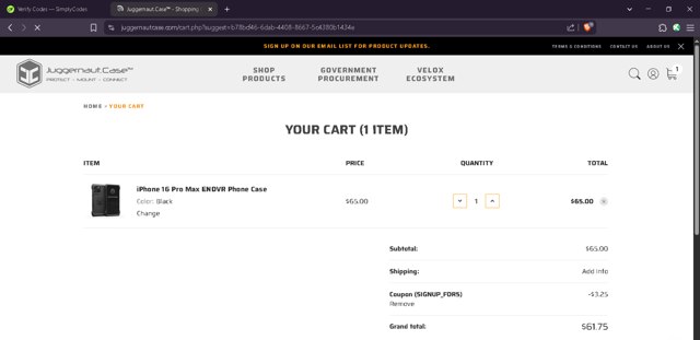 Juggernaut Case checkout page showing Juggernaut Case discount code box | Screenshot taken by SimplyCodes community member on Apr 26, 2025