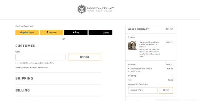 Juggernaut Case checkout page showing Juggernaut Case discount code box | Screenshot taken by SimplyCodes community member on Jun 9, 2025