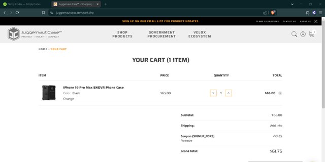 Juggernaut Case checkout page showing Juggernaut Case discount code box | Screenshot taken by SimplyCodes community member on Mar 21, 2025