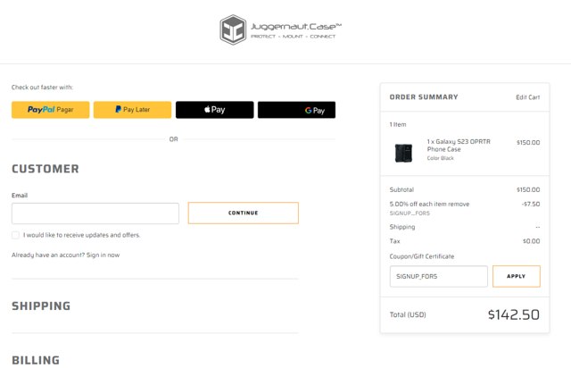 Juggernaut Case checkout page showing Juggernaut Case discount code box | Screenshot taken by SimplyCodes community member on Mar 8, 2025