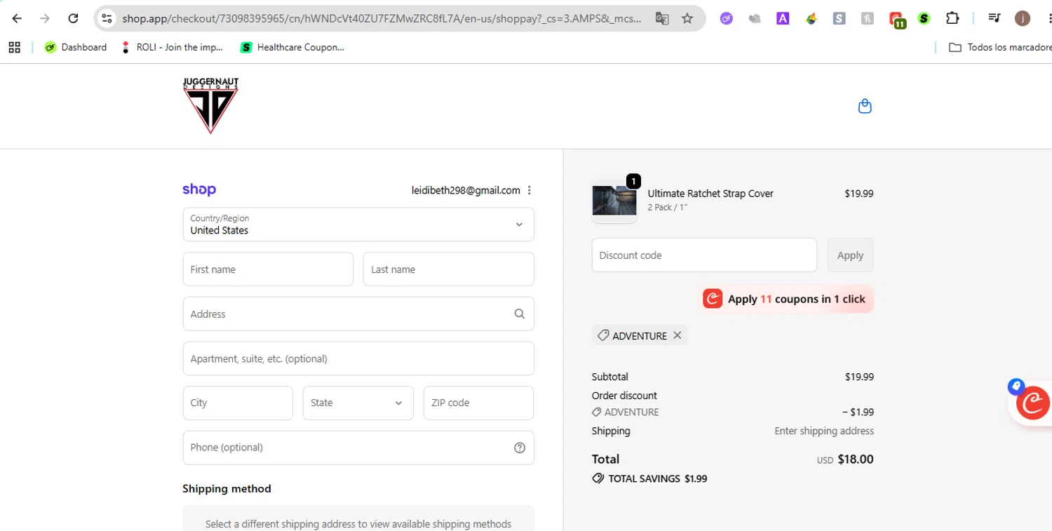 Juggernaut Designs promo code screenshot showing code ADVENTURE applied at Juggernaut Designs checkout page. Uploaded by SimplyCodes community member Jose29 on Jun 22, 2026