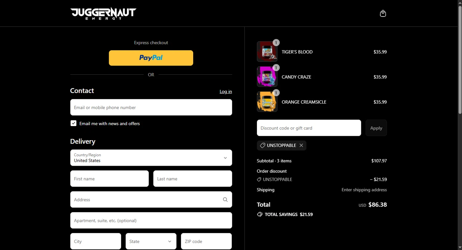 Juggernaut Tactical checkout page showing Juggernaut Tactical discount code box | Screenshot taken by SimplyCodes community member on Aug 19, 2025
