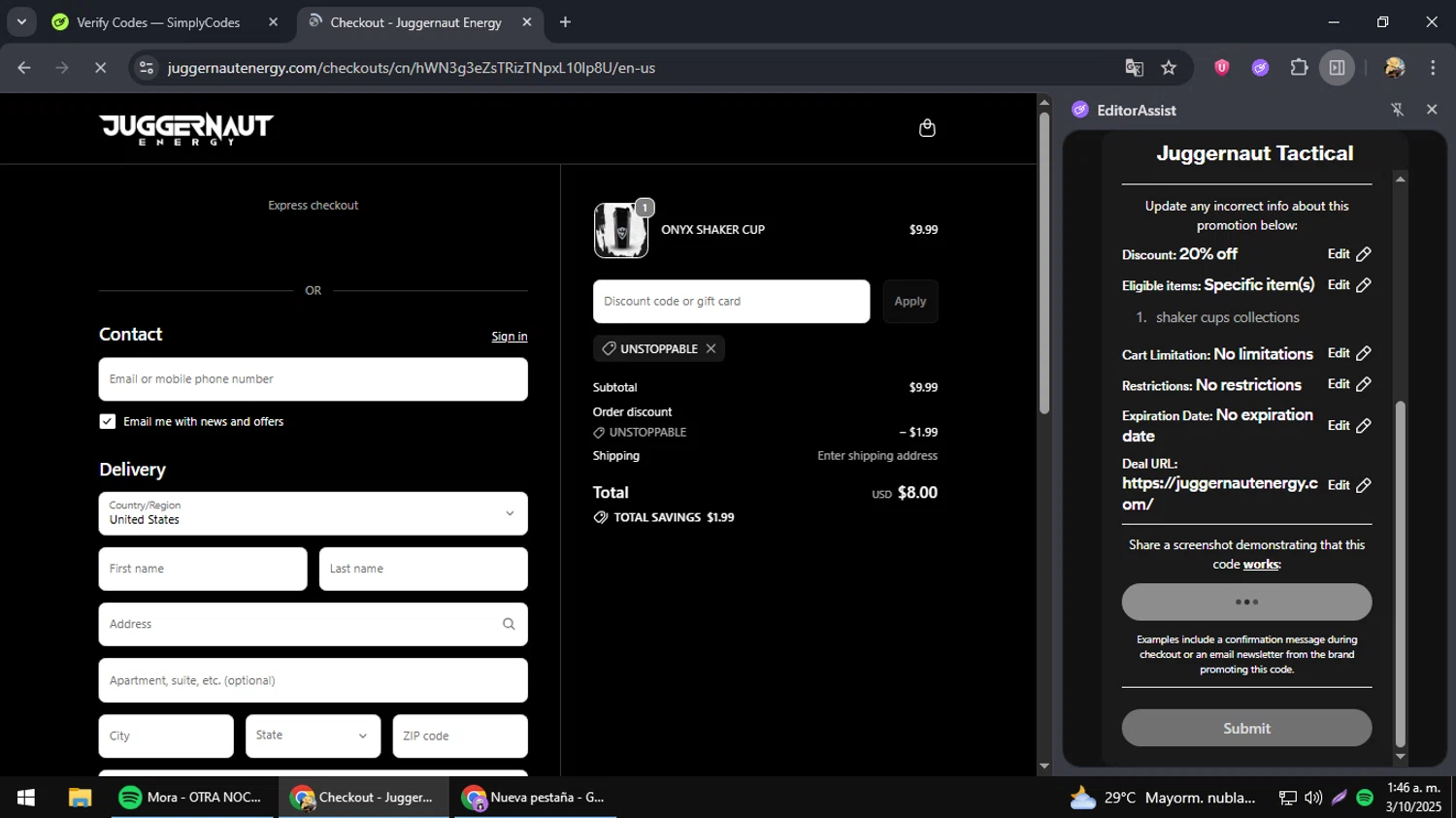 Juggernaut Tactical checkout page showing Juggernaut Tactical discount code box | Screenshot taken by SimplyCodes community member on Oct 3, 2025