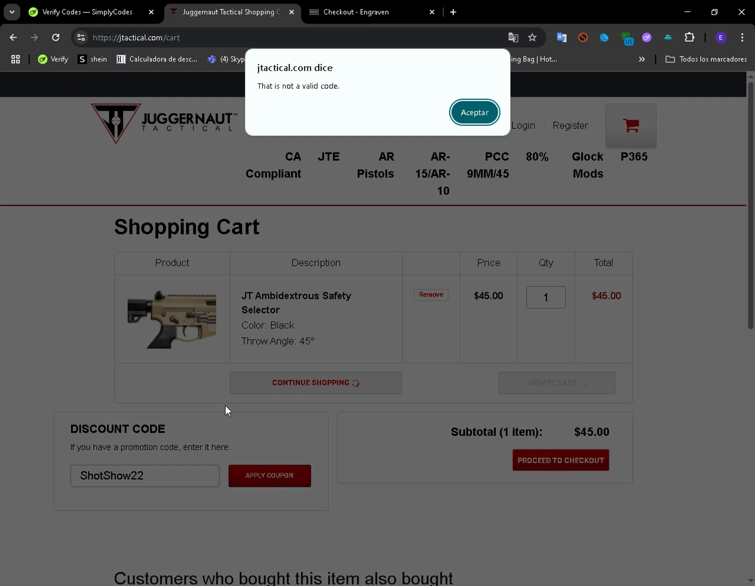 Juggernaut Tactical discount code screenshot showing code ShotShow22 applied at Juggernaut Tactical checkout page. Uploaded by SimplyCodes community member LuckyFinder274 on Aug 12, 2025