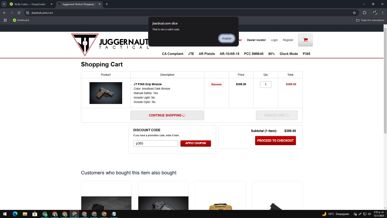 Juggernaut Tactical discount code screenshot showing code p365 applied at Juggernaut Tactical checkout page. Uploaded by SimplyCodes community member CleverTracker4432 on Jan 13, 2025