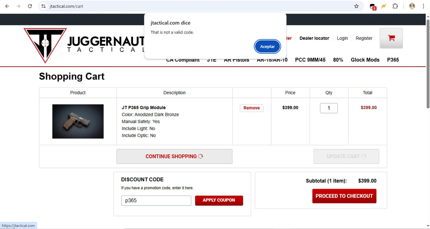 Juggernaut Tactical discount code screenshot showing code p365 applied at Juggernaut Tactical checkout page. Uploaded by SimplyCodes community member LegendaryTitan9160 on Mar 26, 2025