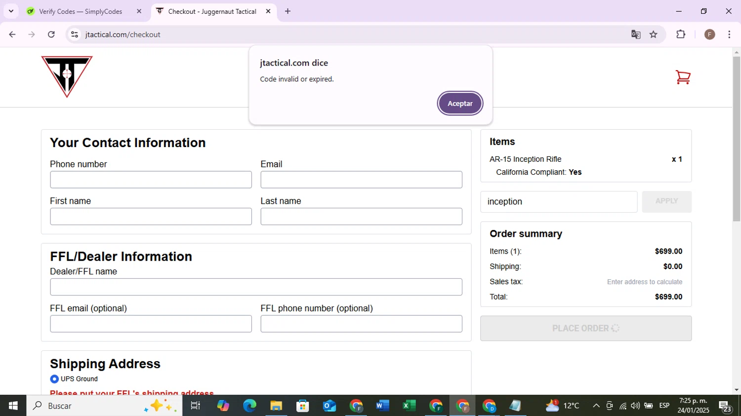 Juggernaut Tactical discount code screenshot showing code inception applied at Juggernaut Tactical checkout page. Uploaded by SimplyCodes community member RoyalVoyager7229 on Jan 25, 2025