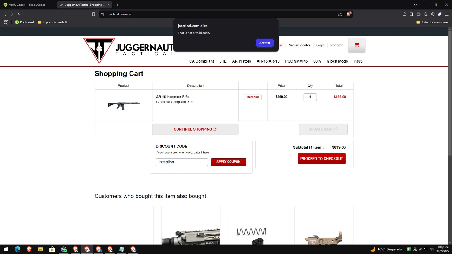 Juggernaut Tactical discount code screenshot showing code inception applied at Juggernaut Tactical checkout page. Uploaded by SimplyCodes community member yesenia on Mar 1, 2025