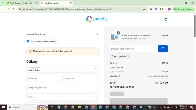 Juicefly checkout page showing Juicefly discount code box | Screenshot taken by SimplyCodes community member on Sep 8, 2025