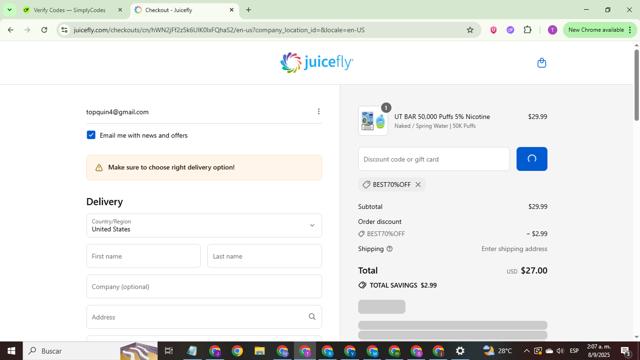 Juicefly checkout page showing Juicefly discount code box | Screenshot taken by SimplyCodes community member on Sep 8, 2025