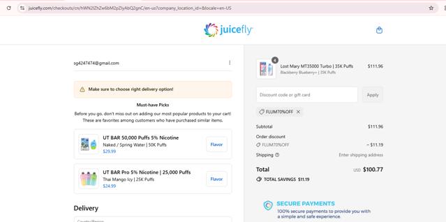 Juicefly checkout page showing Juicefly discount code box | Screenshot taken by SimplyCodes community member on Sep 9, 2025