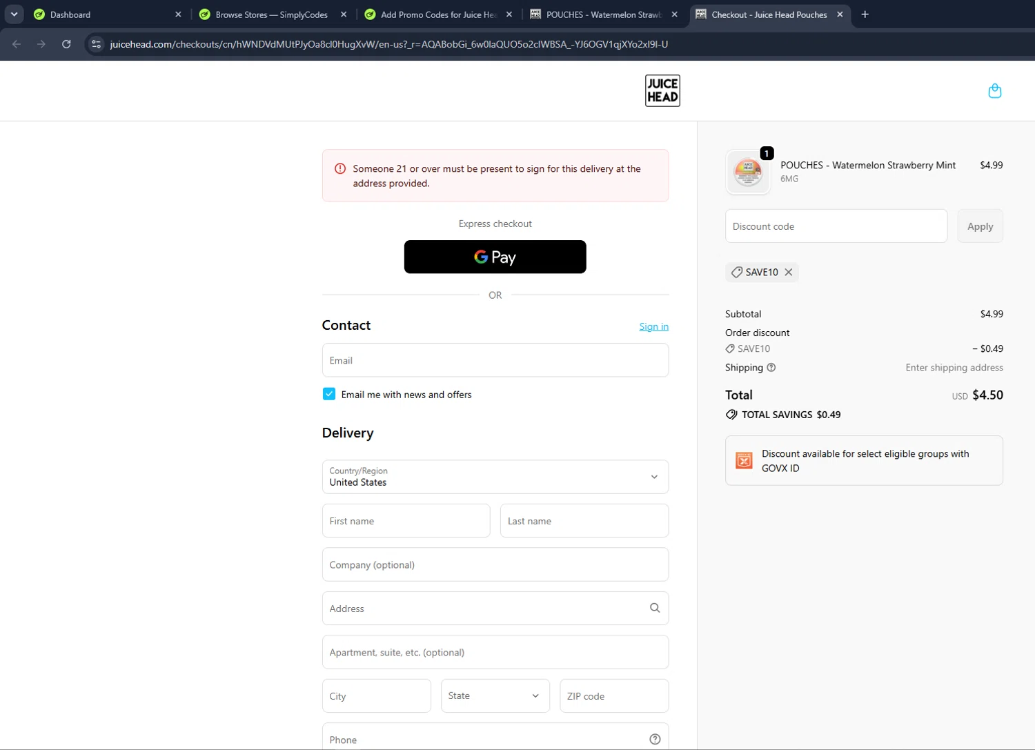Juice Head promo code screenshot showing code SAVE10 applied at Juice Head checkout page. Uploaded by SimplyCodes community member VictoriousCaptain3902 on Jun 19, 2026