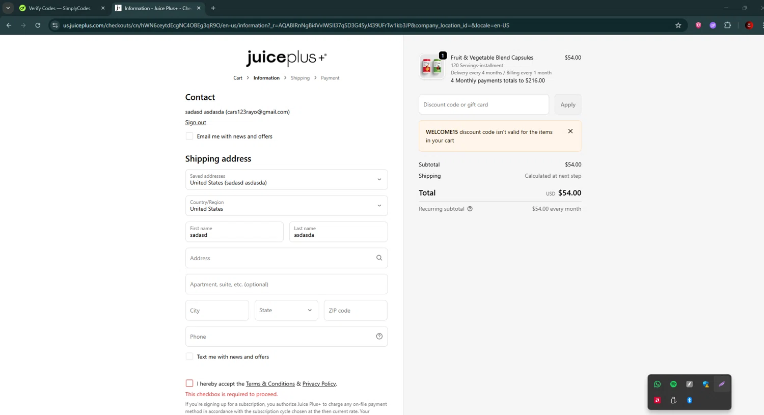 Juice Plus discount code screenshot showing code WELCOME15 applied at Juice Plus checkout page. Uploaded by SimplyCodes community member BrilliantSaver7516 on Dec 19, 2025