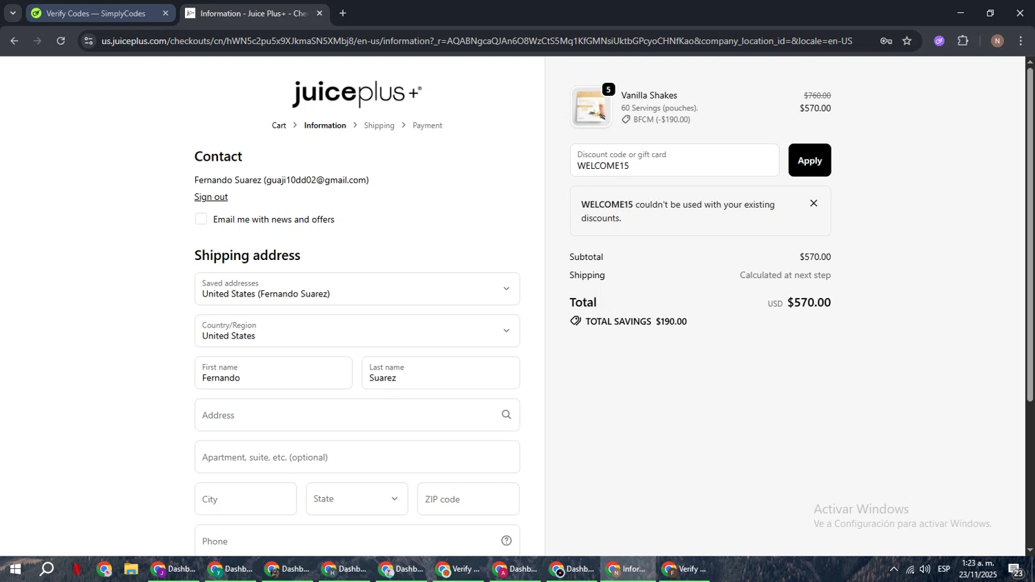 Juice Plus discount code screenshot showing code WELCOME15 applied at Juice Plus checkout page. Uploaded by SimplyCodes community member DiscountPioneer2554 on Nov 23, 2025
