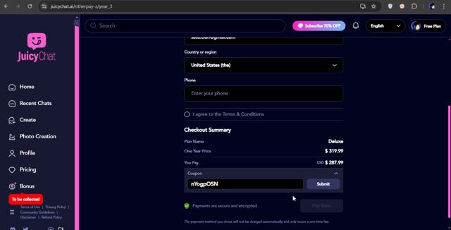 JuicyChat.AI checkout page showing JuicyChat.AI promo code box | Screenshot taken by SimplyCodes community member on Jan 9, 2025