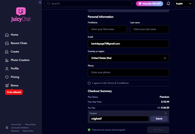 JuicyChat.AI checkout page showing JuicyChat.AI promo code box | Screenshot taken by SimplyCodes community member on Jan 11, 2025