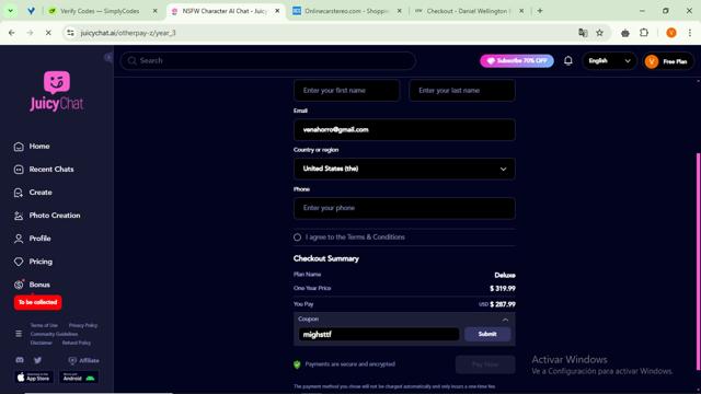 JuicyChat.AI checkout page showing JuicyChat.AI promo code box | Screenshot taken by SimplyCodes community member on Jan 18, 2025