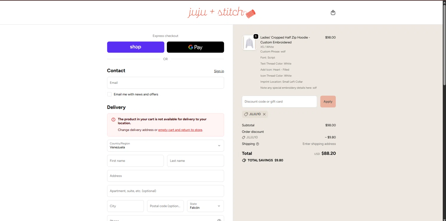 juju + stitch promo code screenshot showing code JUJU10 applied at juju + stitch checkout page. Uploaded by SimplyCodes community member MagnificentTitan8616 on Oct 13, 2025