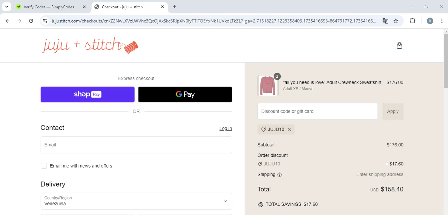 juju + stitch promo code screenshot showing code JUJU10 applied at juju + stitch checkout page. Uploaded by SimplyCodes community member SwiftMonarch5291 on Dec 28, 2024