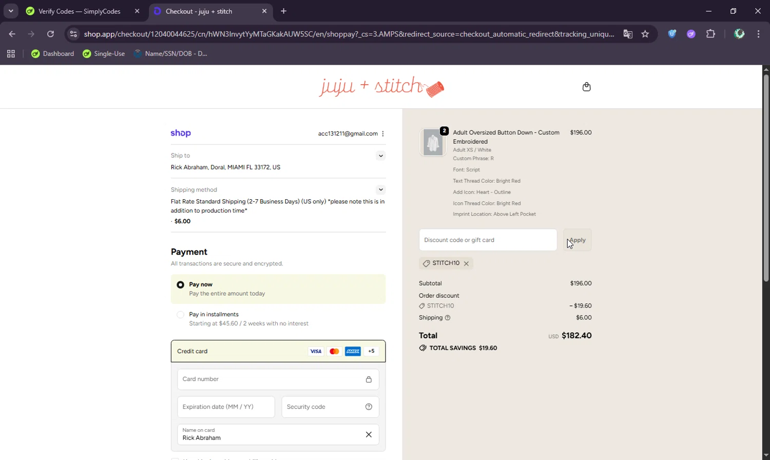 juju + stitch promo code screenshot showing code STITCH10 applied at juju + stitch checkout page. Uploaded by SimplyCodes community member BudgetWizard6950 on Oct 5, 2025