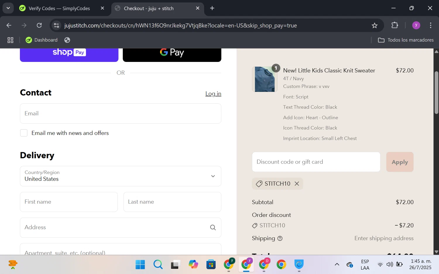 juju + stitch promo code screenshot showing code STITCH10 applied at juju + stitch checkout page. Uploaded by SimplyCodes community member FrugalKnight6753 on Jul 26, 2025