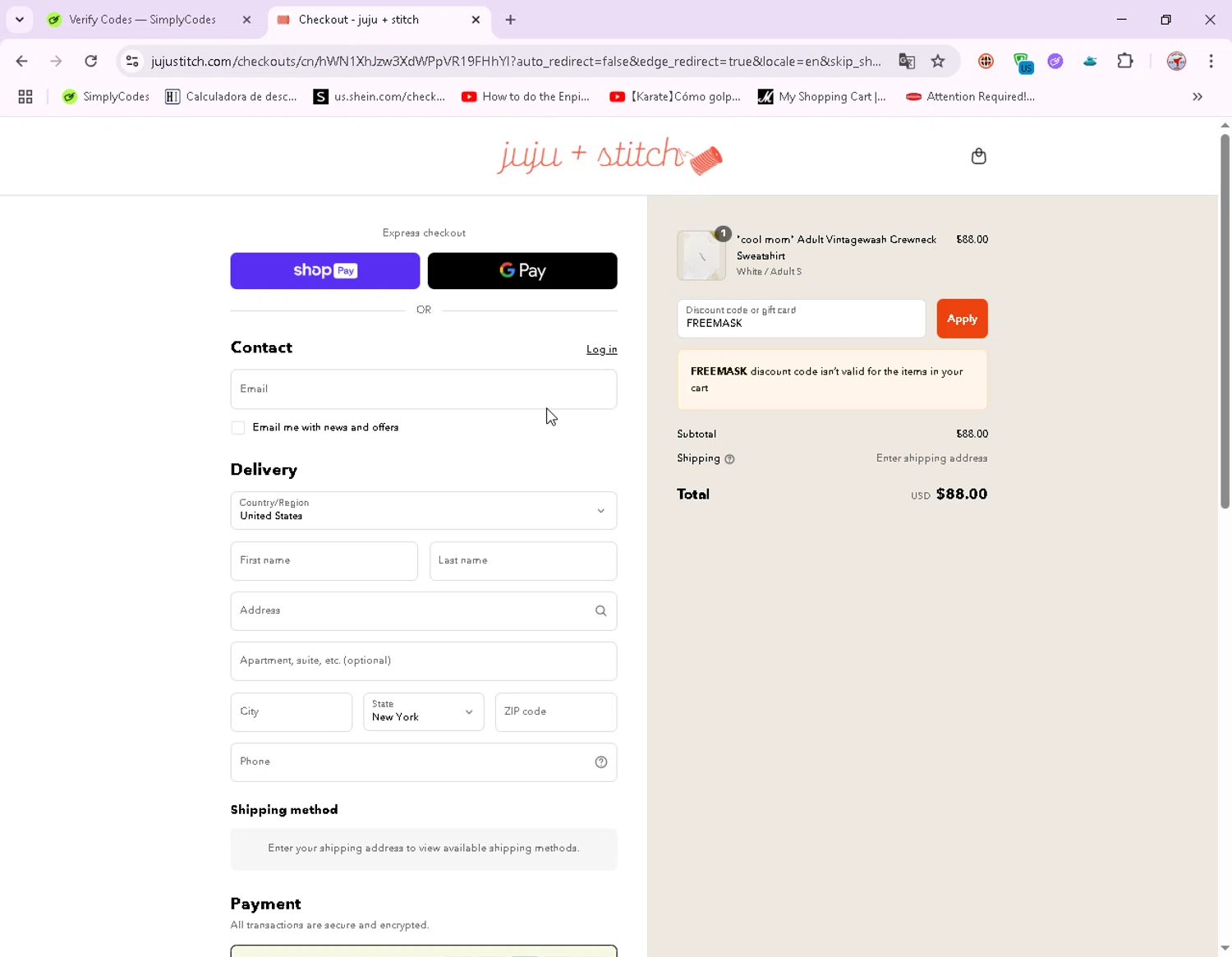 juju + stitch promo code screenshot showing code FREEMASK applied at juju + stitch checkout page. Uploaded by SimplyCodes community member ElIntrepidoVolador on Aug 8, 2025