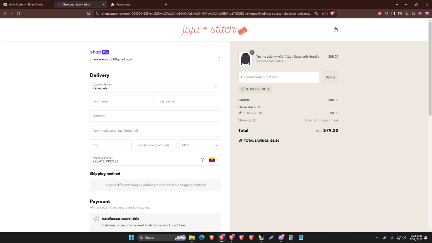 juju + stitch promo code screenshot showing code JUJULOVE10 applied at juju + stitch checkout page. Uploaded by SimplyCodes community member papa01 on Feb 27, 2025