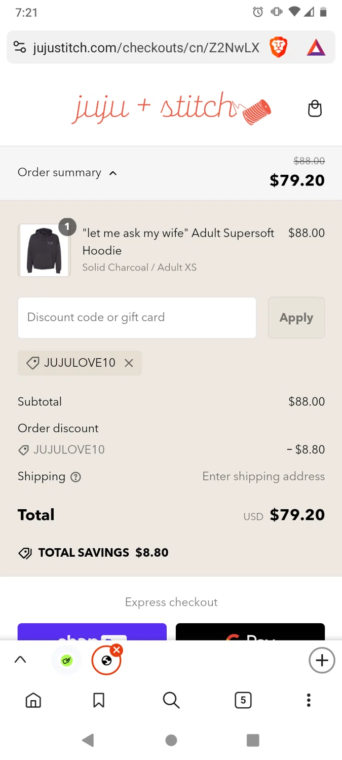juju + stitch promo code screenshot showing code JUJULOVE10 applied at juju + stitch checkout page. Uploaded by SimplyCodes community member victor on Feb 27, 2025