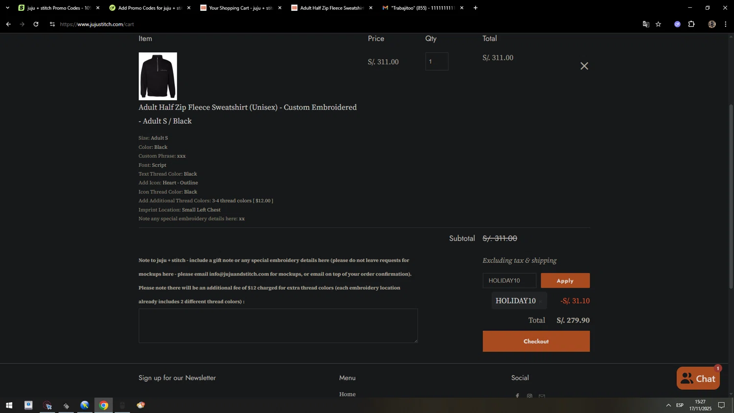 juju + stitch promo code screenshot showing code HOLIDAY10 applied at juju + stitch checkout page. Uploaded by SimplyCodes community member MarcosAranguren on Nov 17, 2025