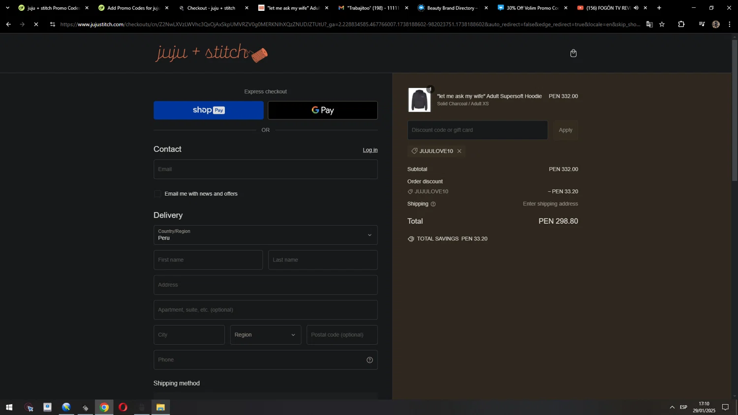 juju + stitch promo code screenshot showing code JUJULOVE10 applied at juju + stitch checkout page. Uploaded by SimplyCodes community member MarcosAranguren on Jan 29, 2025