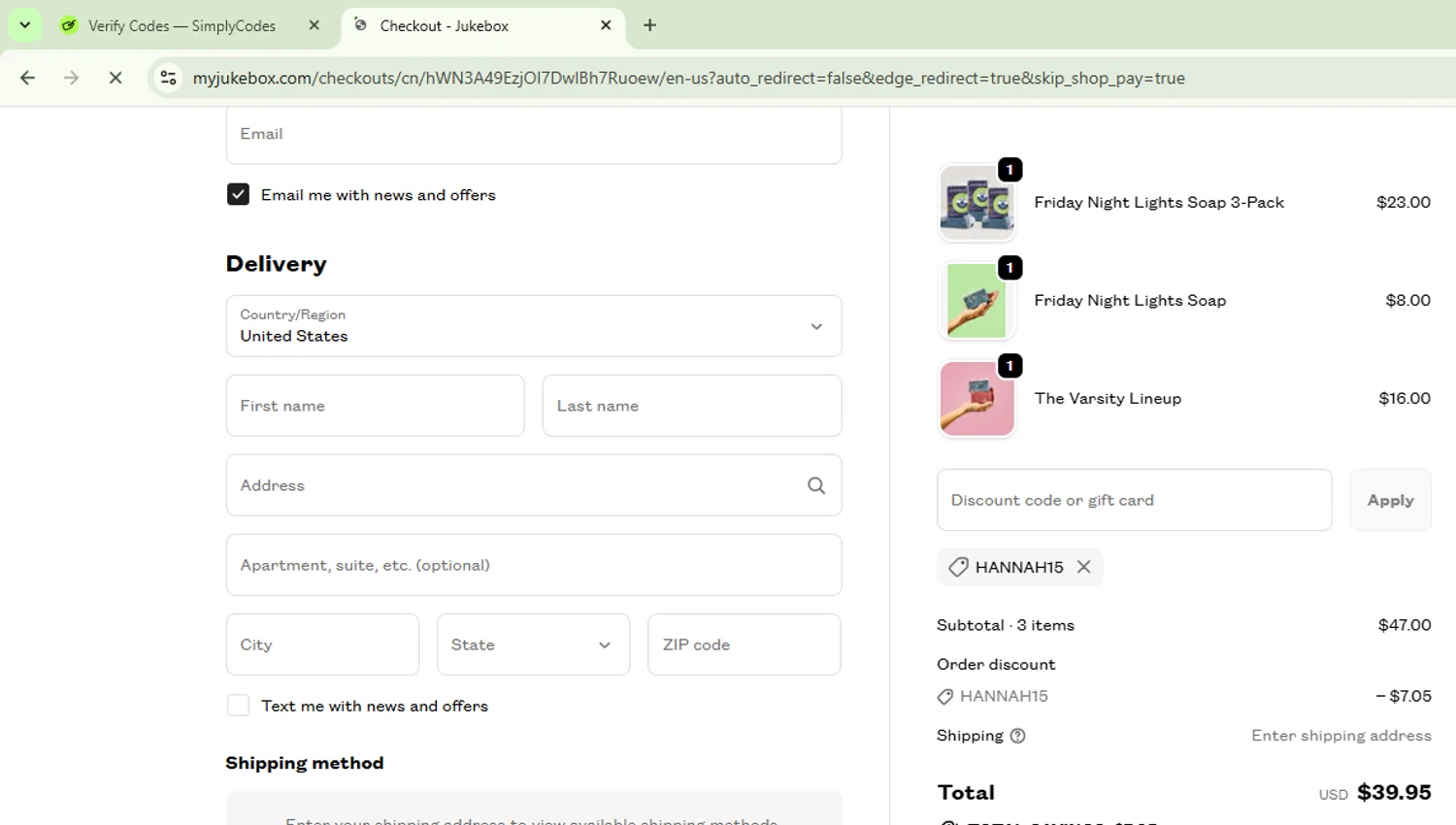 Jukebox promo code screenshot showing code HANNAH15 applied at Jukebox checkout page. Uploaded by SimplyCodes community member CoinSage1043 on Sep 19, 2025