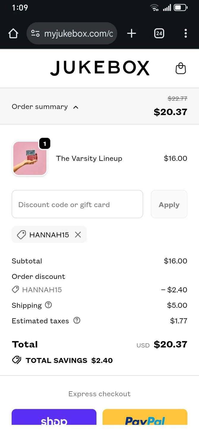 Jukebox promo code screenshot showing code HANNAH15 applied at Jukebox checkout page. Uploaded by SimplyCodes community member franksanchez on Oct 16, 2025