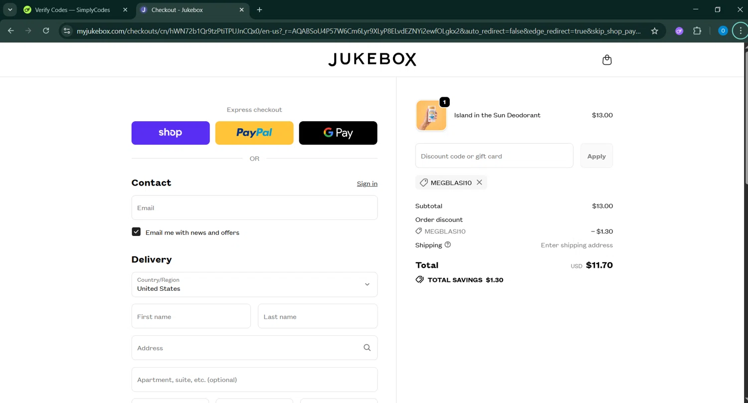 Jukebox checkout page showing Jukebox promo code box | Screenshot taken by SimplyCodes community member on Dec 30, 2025