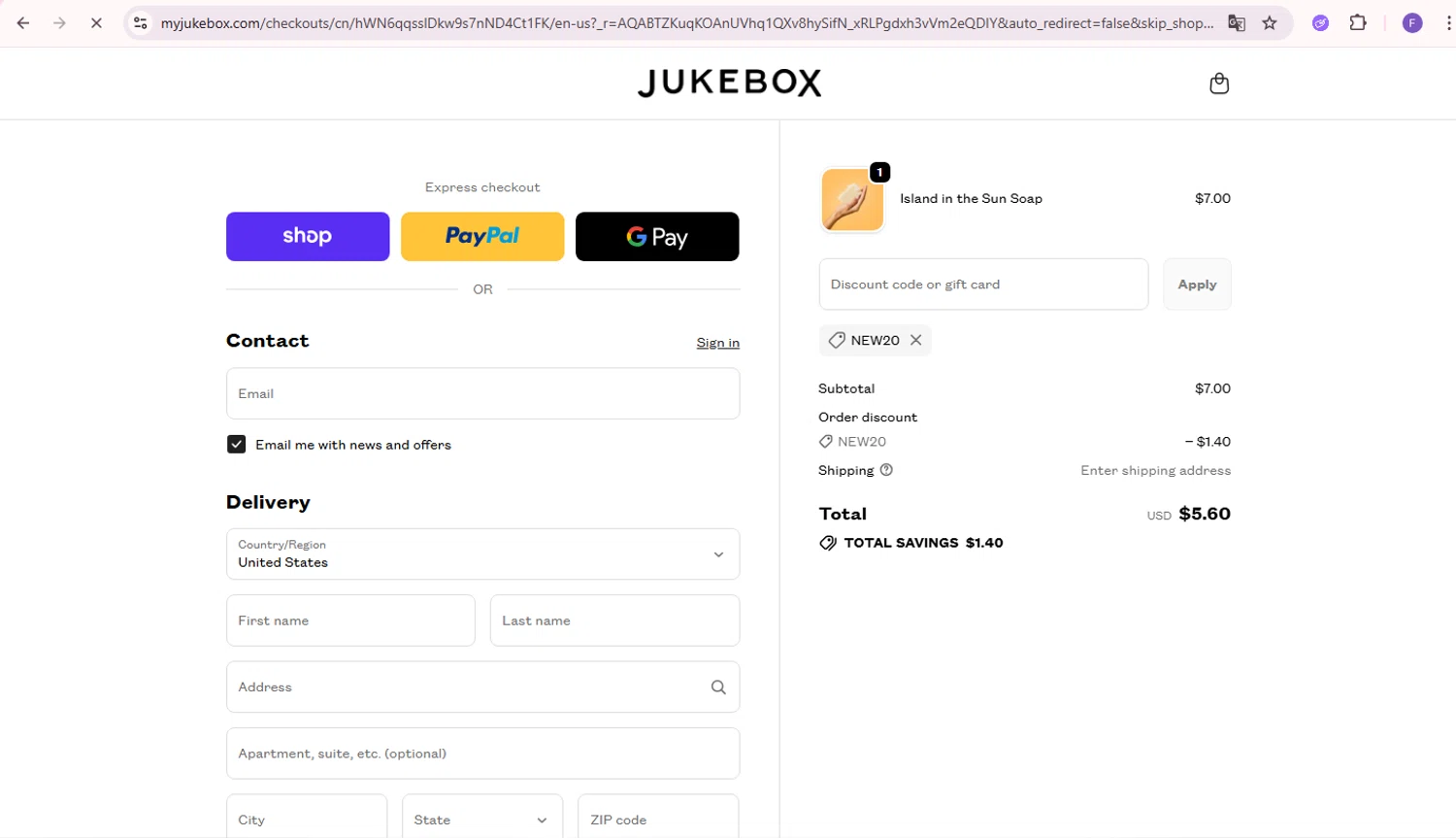 Jukebox promo code screenshot showing code NEW20 applied at Jukebox checkout page. Uploaded by SimplyCodes community member Richard2 on Dec 25, 2025
