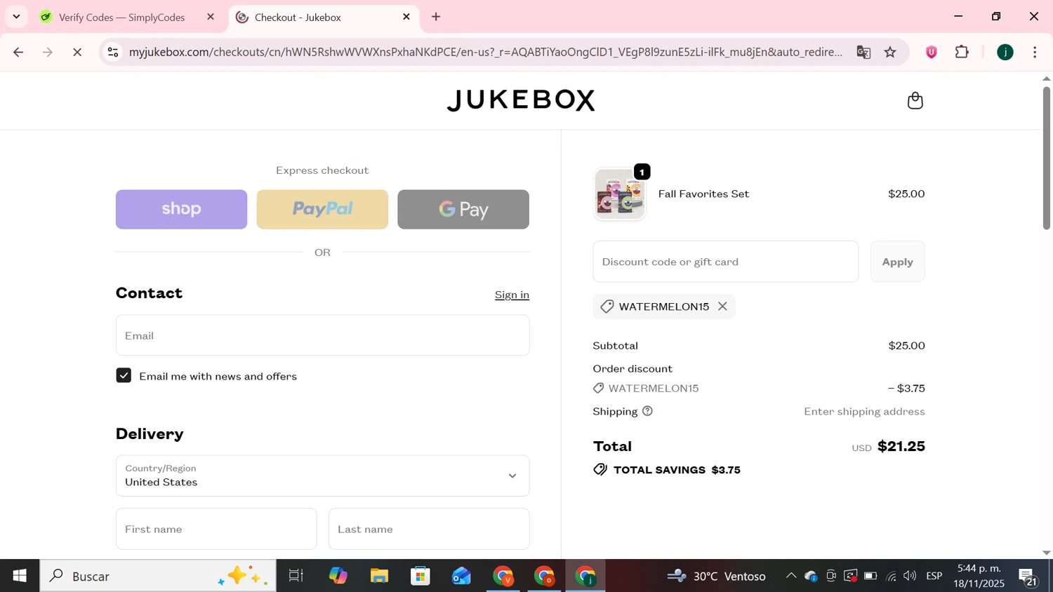 Jukebox promo code screenshot showing code WATERMELON15 applied at Jukebox checkout page. Uploaded by SimplyCodes community member MoneySpotter5416 on Nov 18, 2025